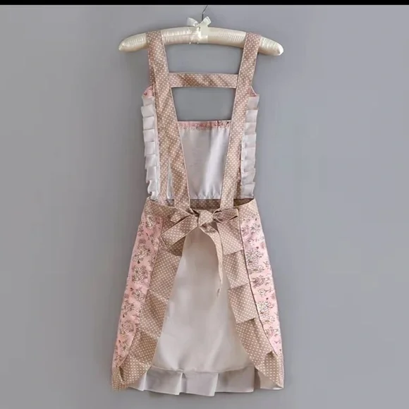 Apron Bib Sweet Vintage Retro Vibe  Pockets Waist Tie Floral Polka Dot Pink Tan - Picture 11 of 14
